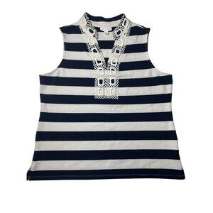 Women's Tank Top Size XL‎ Navy & White Striped Crochet Detail By Charter Club
